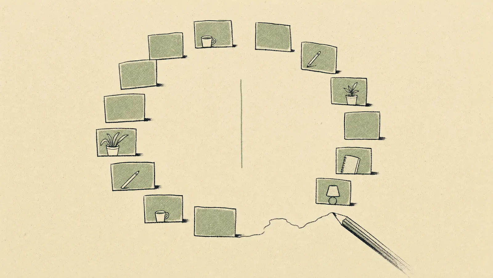An illustrated ring of laptop screens, notebooks, plants and cups around an open practice space