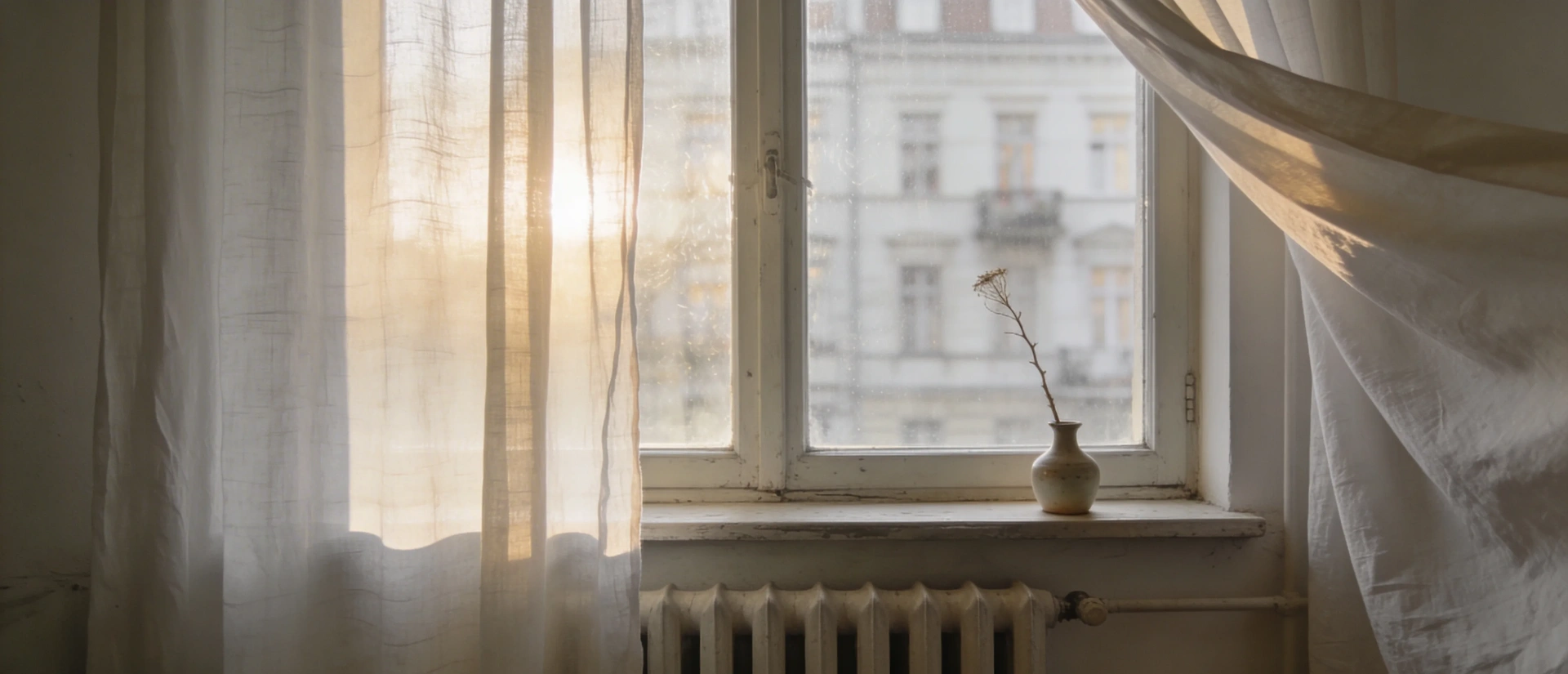 Fenêtre à Berlin — lumière à travers des rideaux en lin