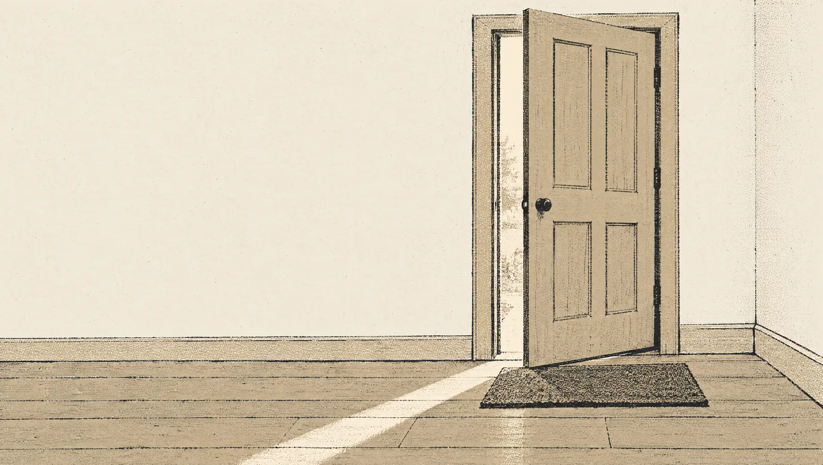 An open wooden door, daylight on the floor