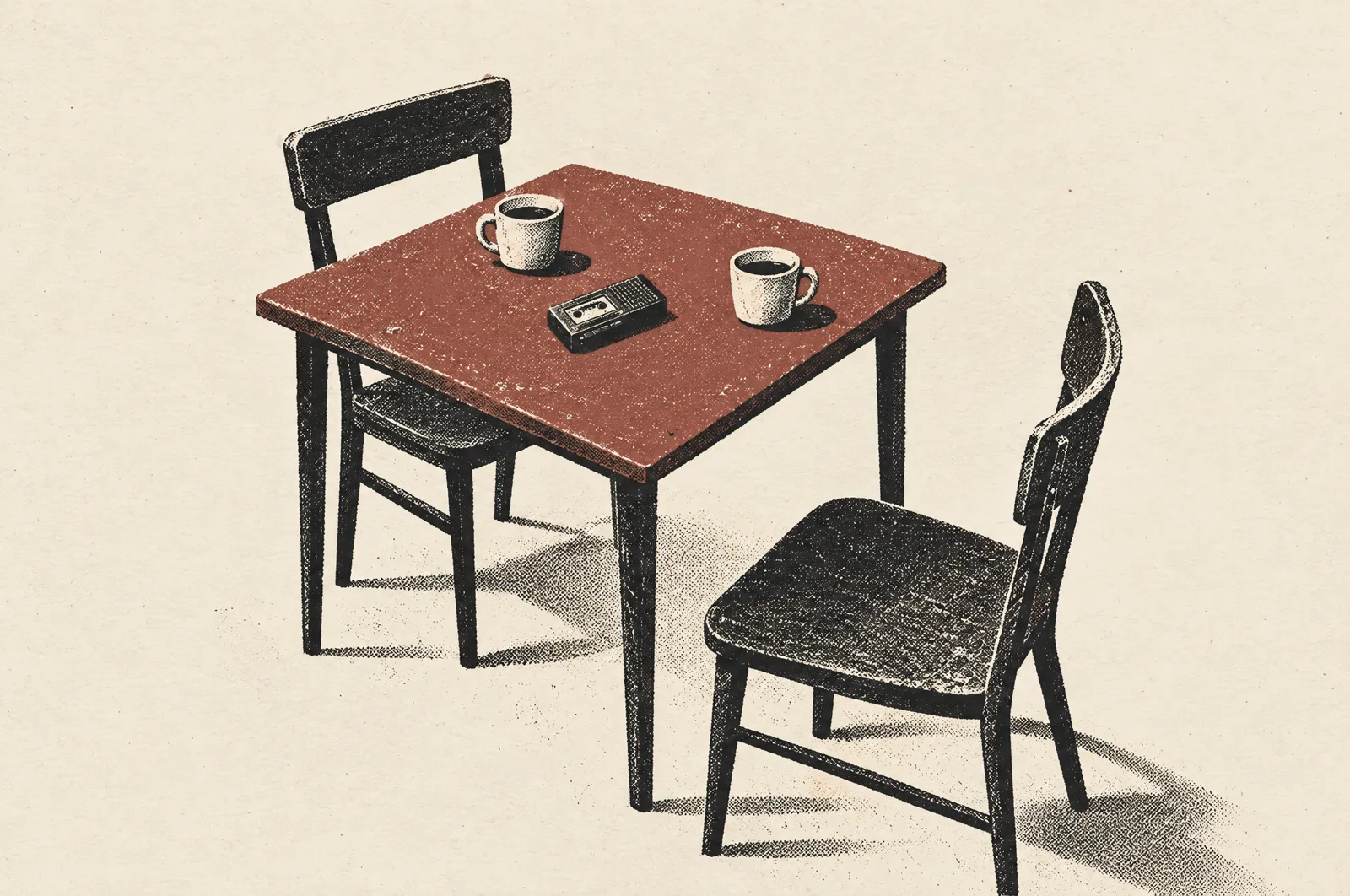 A kitchen table with two coffee cups and a small voice recorder