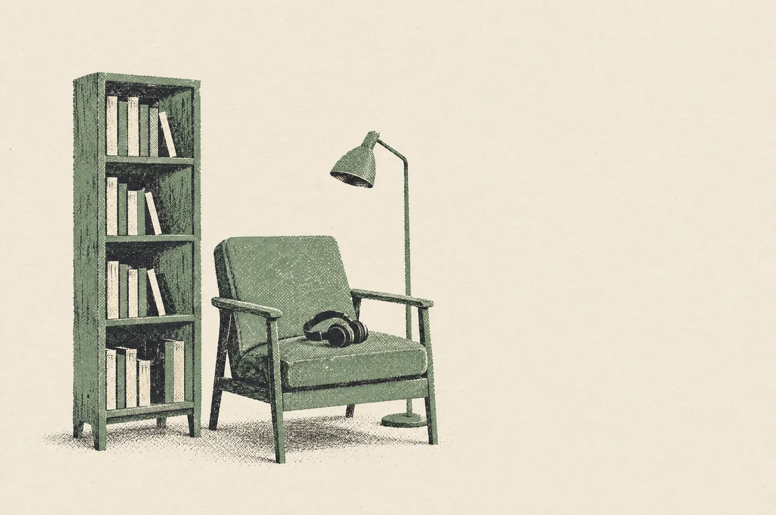 A bookshelf and an armchair with headphones on the seat